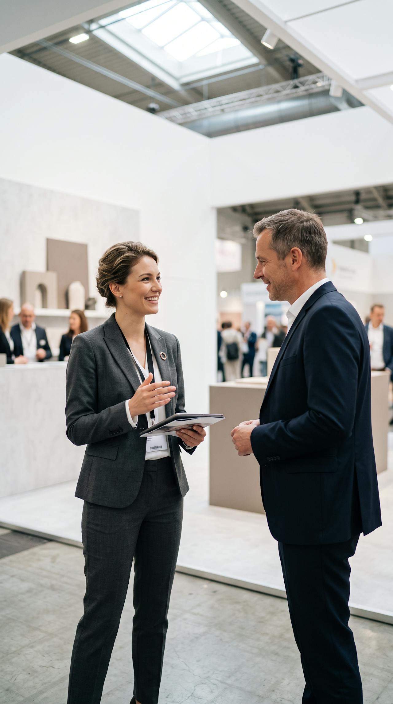Hostess im Gespräch mit einem Besucher am Messestand